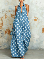 Stylish & Casual Polka-dot Sleeveless Denim Maxi Dress