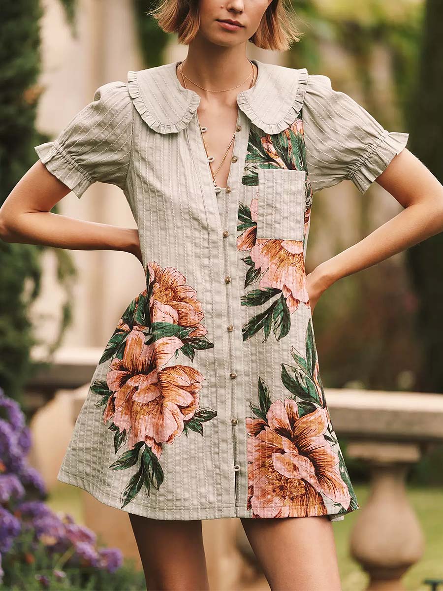 Women's Retro Floral Art Casual Short Sleeve Cotton Linen Short Dress