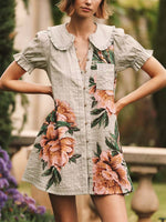 Women's Retro Floral Art Casual Short Sleeve Cotton Linen Short Dress