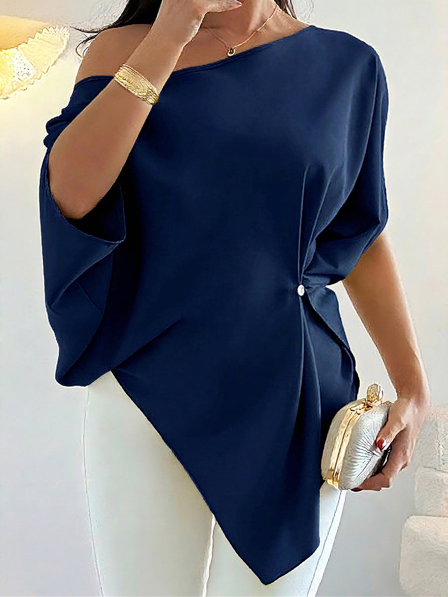 Elegant Off-shoulder Asymmetrical Design Buttoned Blouse