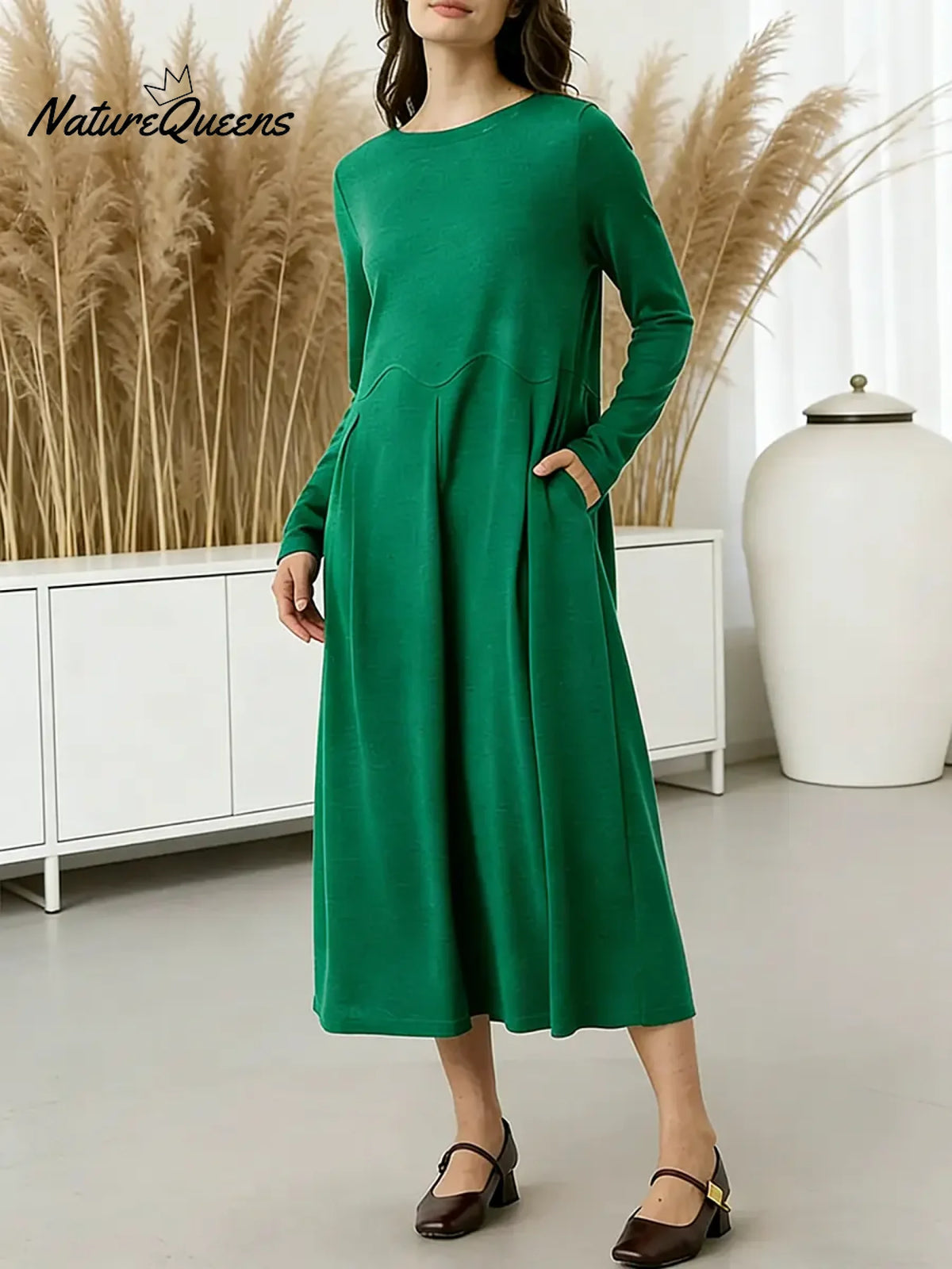 Women's Solid Color Round Neck Long Sleeve Casual Loose Knit Dress