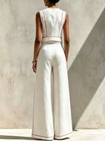 Women's Casual Cotton-linen Set: Crew-neck Sleeveless Loose-fit Top & High-waisted Loose Wide-leg Pants