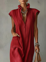 Elegant Ruff Collar Fashion Linen Cotton Midi Dress