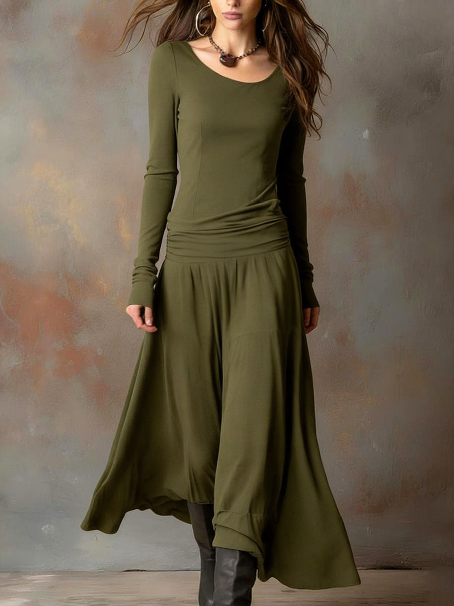 Women's Round Neck Long Sleeve Casual Loose Cotton Linen Long Dress Set