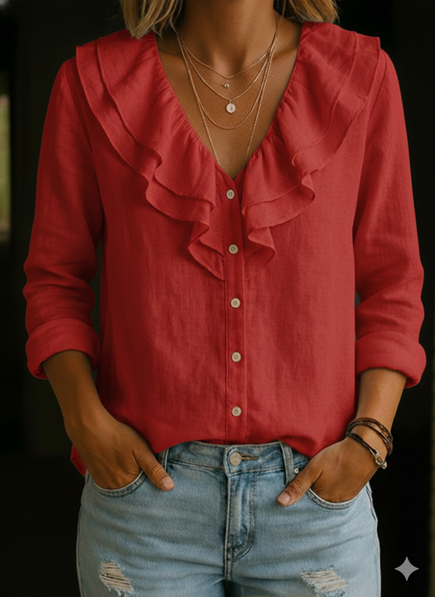 Women's Ruffled Collar Linen And Cotton Shirt