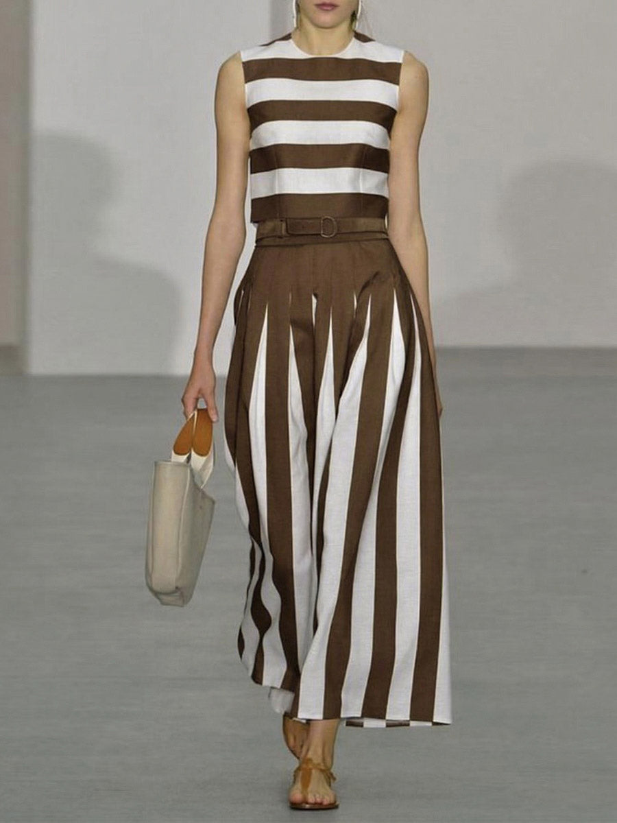Women's Striped Cotton Two-piece Set: Crew Neck Sleeveless Loose-fit Top & High-waisted Wide-leg Pants