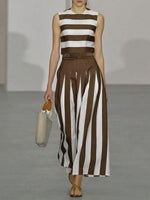 Women's Striped Cotton Two-piece Set: Crew Neck Sleeveless Loose-fit Top & High-waisted Wide-leg Pants