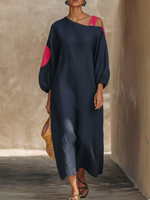 Casual Off-the-shoulder Color-block Loose Cotton Dress