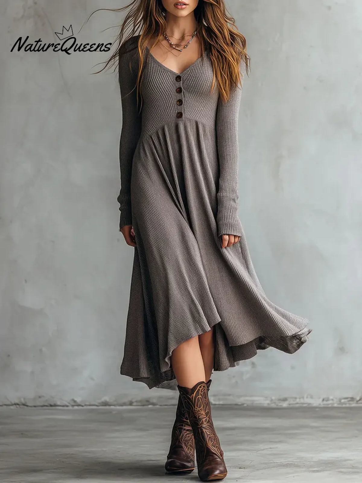 Women's Solid Color V-neck Long-sleeved Loose A-line Knitted Dress