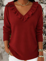 Elegant V-neck Ruffled Knit Pullover Sweater