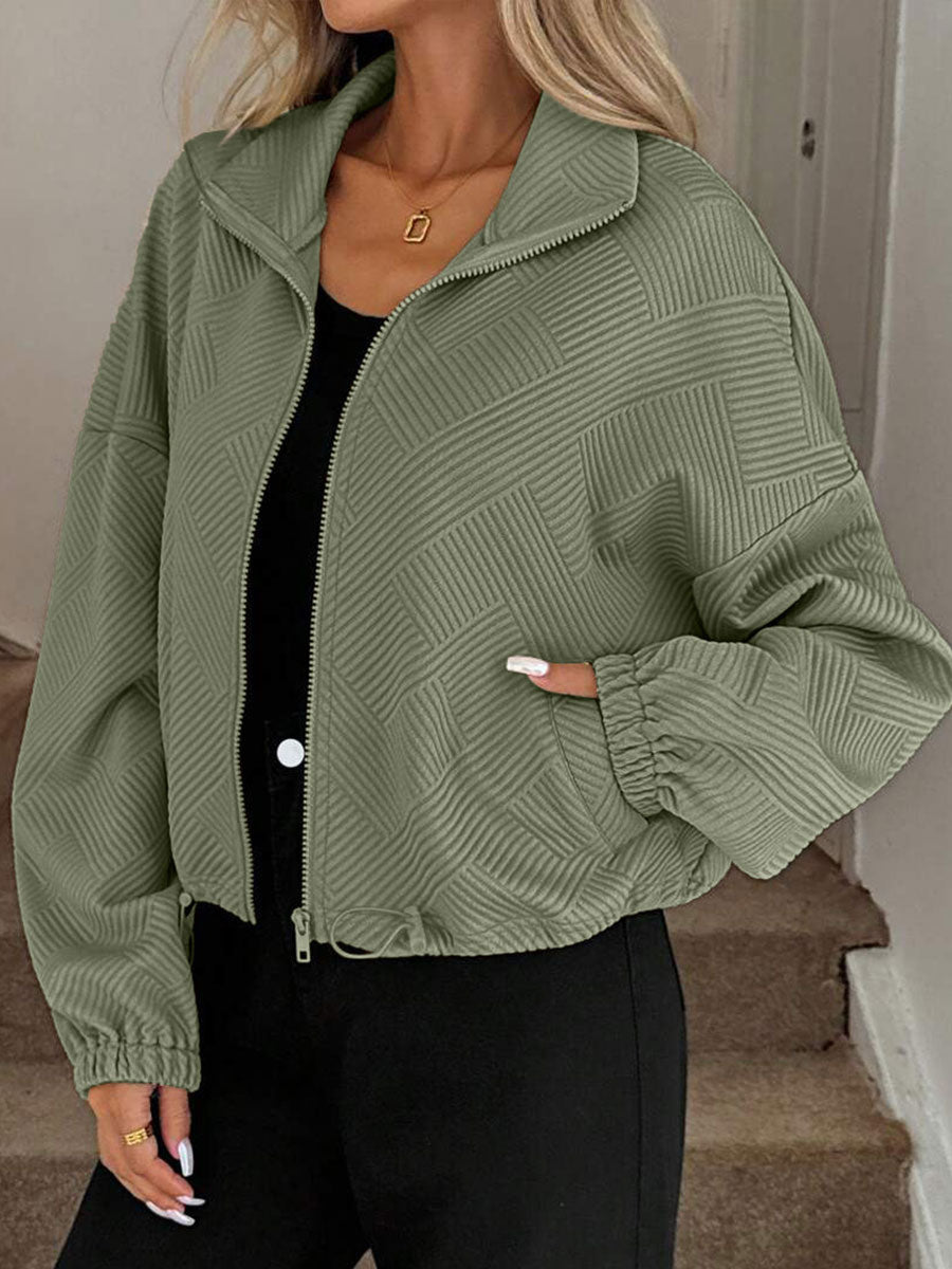 Women's High-neck Zippered Hem Drawstring Pocket Loose Coat