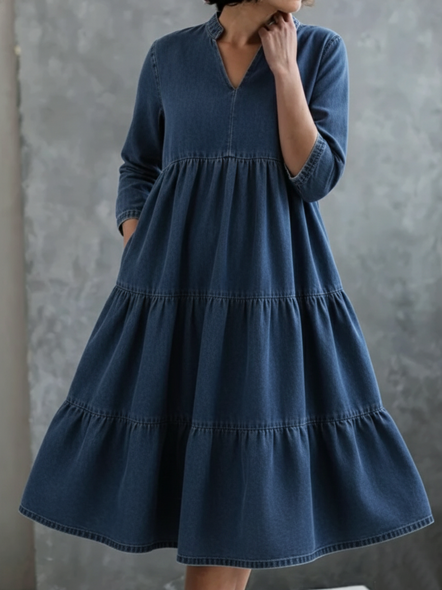 Casual Elegant Multi-layered Hem Denim Dress