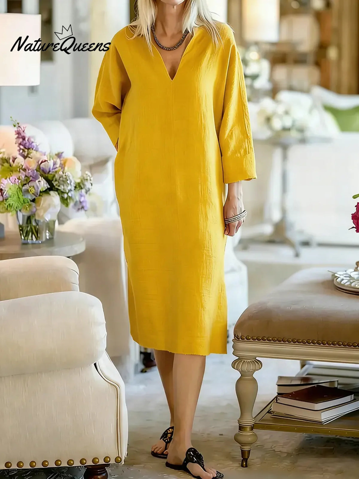 Women's Solid Color V-neck Long-sleeved Casual Loose Cotton And Linen Dress