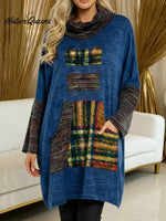 Women's Geometric Print Swing Neck Long Sleeve Casual Loose Knit Top