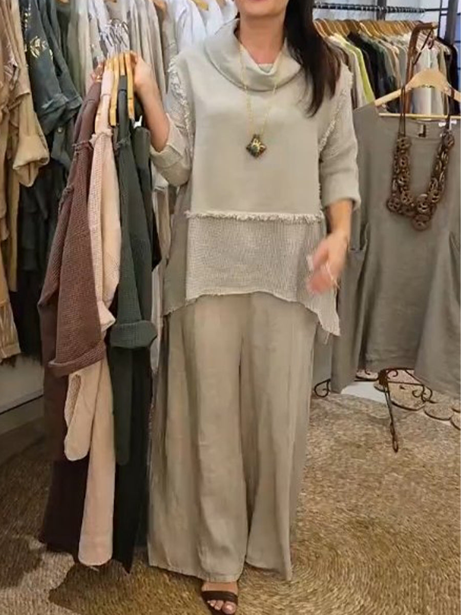 Casual Linen And Cotton Top And Pants Two-piece Set