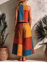Conjunto de mujer de algodón y lino con estampado geométrico: top holgado sin mangas de cuello redondo y pantalón ancho de talle alto.