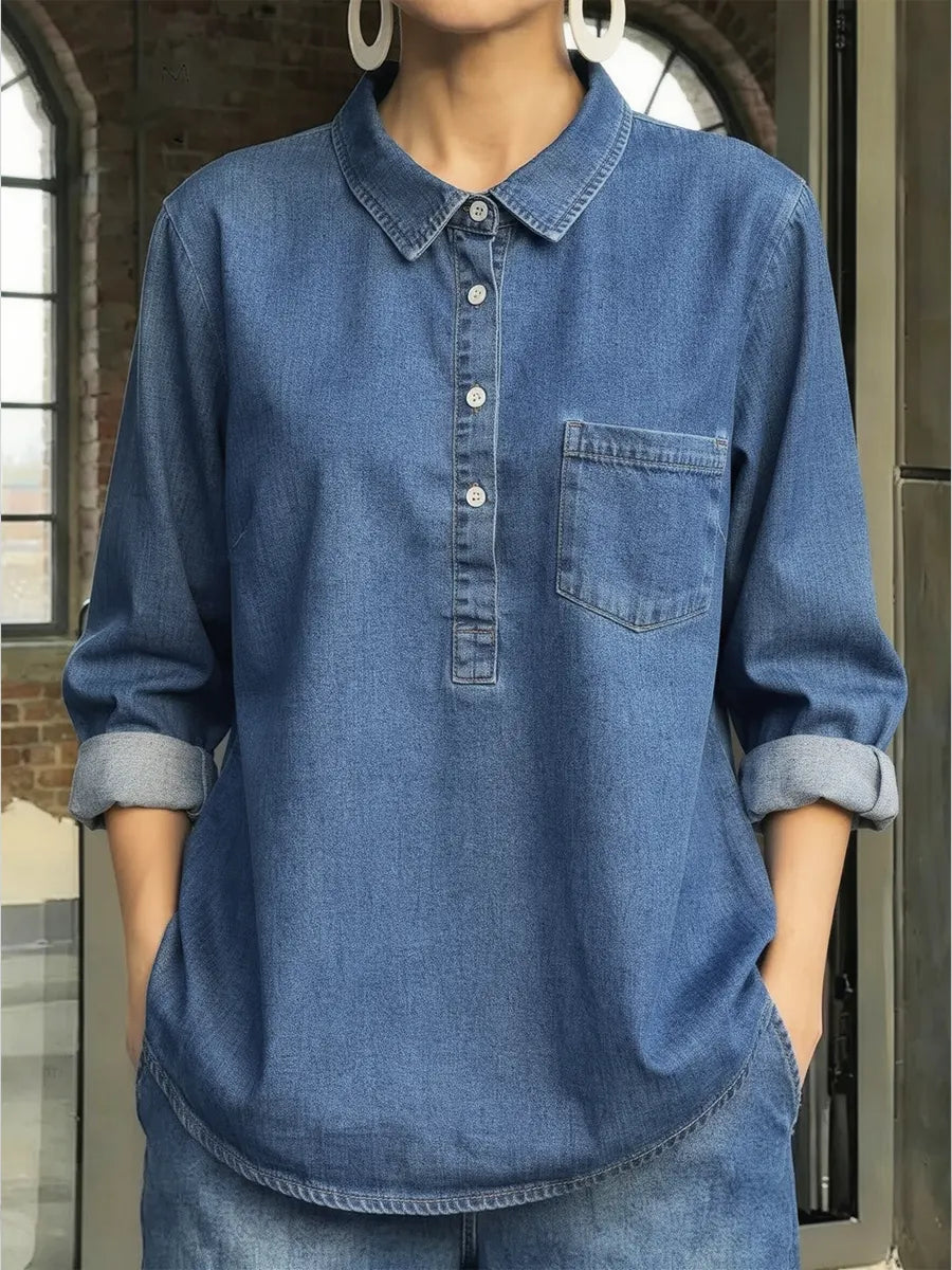 Women's Casual Washed Cotton Denim Shirt