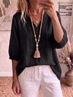 Retro Wavy V-neck Embroidered Cotton-linen Blouse