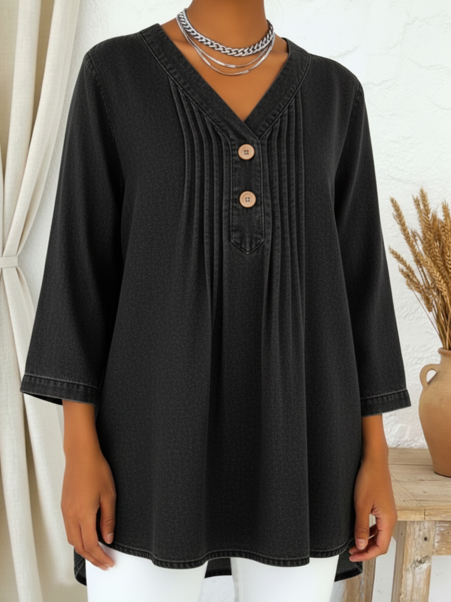 Casual V-neck Pleated Button-up Denim Cotton Top
