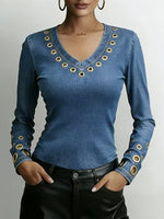 Women's Denim-look V-neck Long-sleeved Casual Loose-fitting Top
