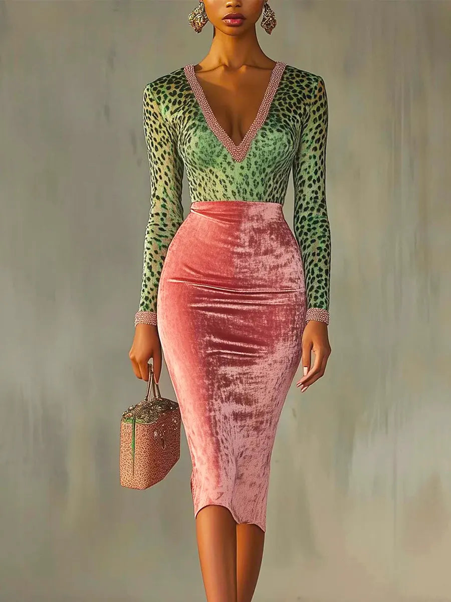Women's Retro Leopard Art Patchwork Casual Stylish Long Sleeve Dress
