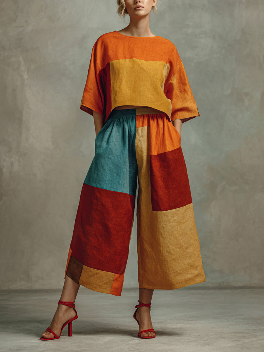 Women's Casual Cotton-linen Colorblock Set