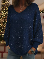 Christmas Sparkling Cozy V-neck Lantern Sleeve Knit Sweater