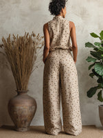 Polka-dot Stand-collar Sleeveless Top + Wide-leg Pants Set