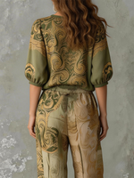 Bohemian Retro Vacation-style Printed V-neck Shirt