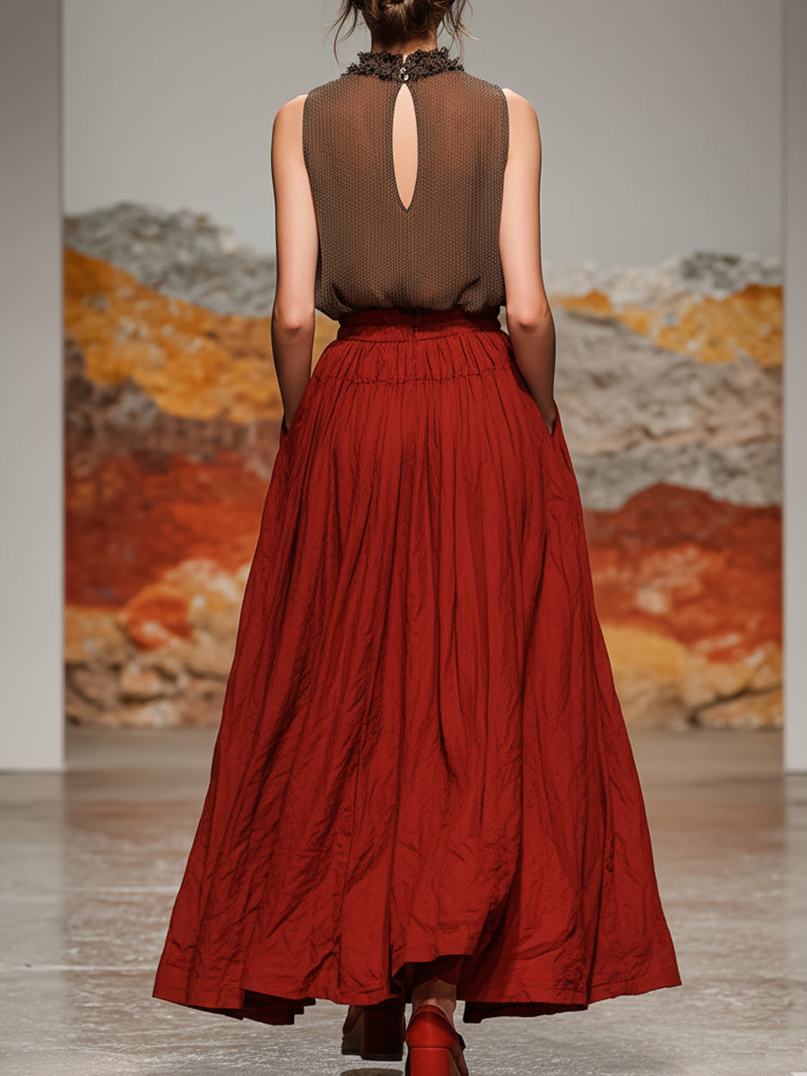 Women's Fashion Casual Set: Sleeveless Chiffon Top And Pure Cotton Skirt