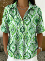 Women's Vintage Botanical Floral Casual Polo Collar Short-sleeved Linen And Cotton Shirt