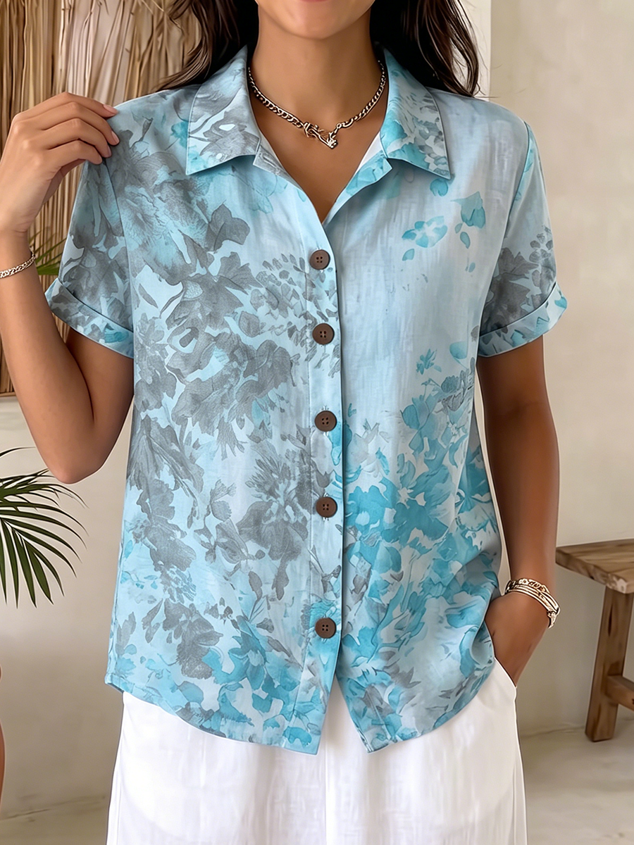 Artistic Watercolor Floral Cotton-linen Button-up Shirt