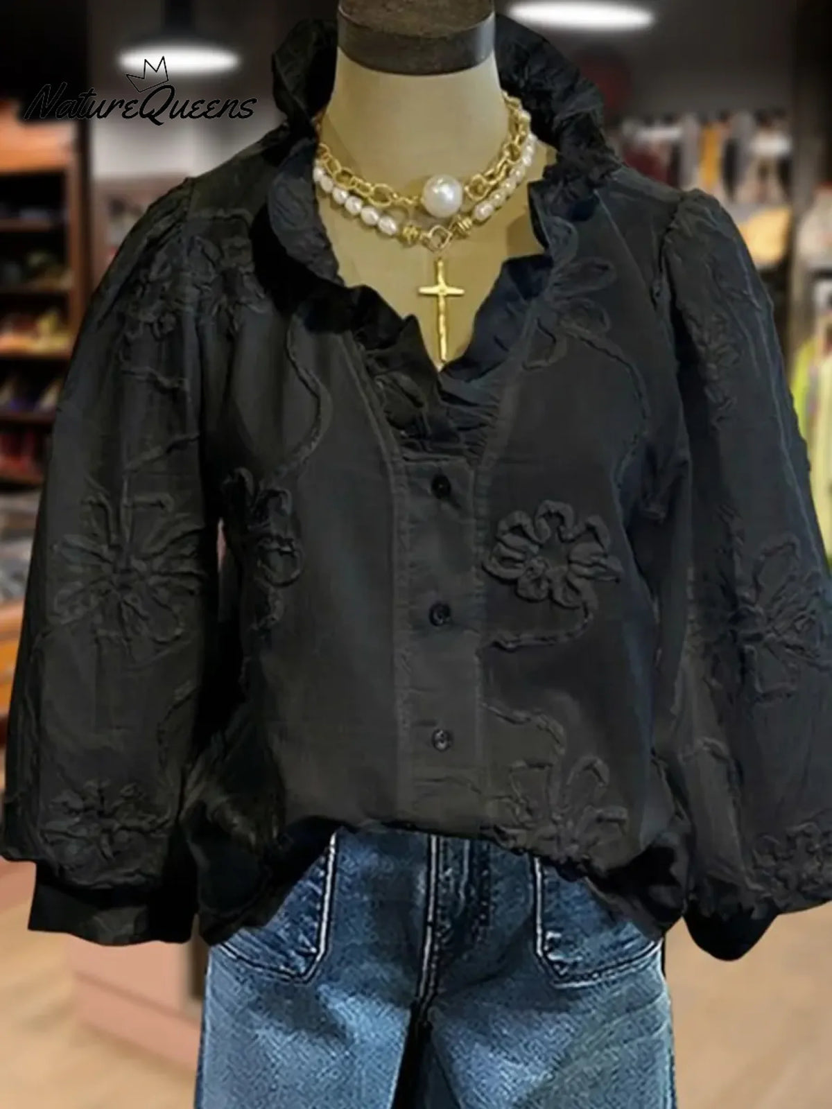 Women's Vintage Flower Art Print Casual Cotton And Linen Ruffle Shirt