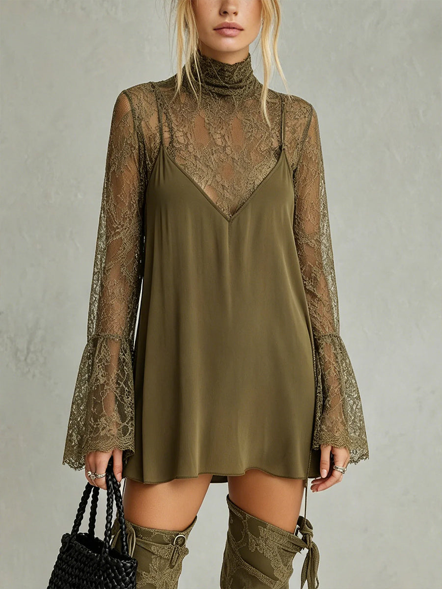 Stylish & Sexy Two-piece Set: Lace Top And Cotton Strappy Mini Dress