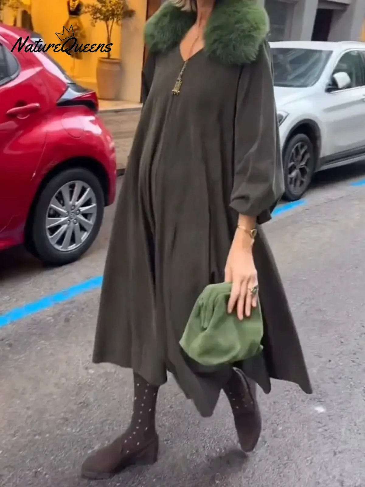 Women's Solid Color V-neck Long-sleeved Casual Loose Cotton Dress