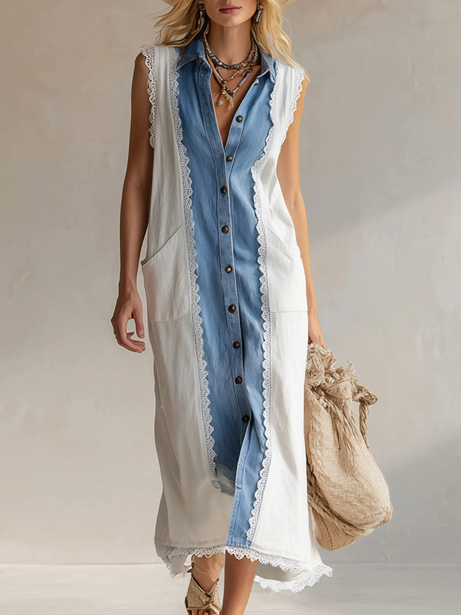 Women's Shirt Collar Sleeveless Casual Loose Denim And Cotton-linen Blend Dress