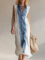 Women's Shirt Collar Sleeveless Casual Loose Denim And Cotton-linen Blend Dress