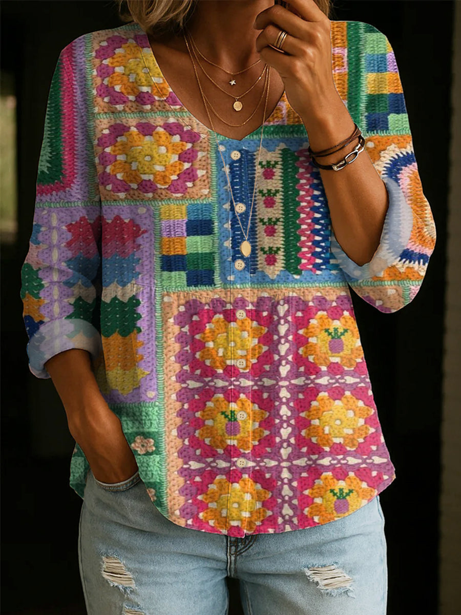 Women's Vintage Patchwork-print Casual Cotton-linen Shirt