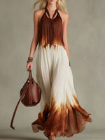 Women's Retro Color-blockOff-white Gradient Silk Sleeveless Maxi Dress