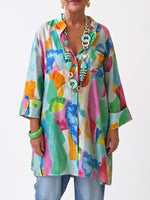 Artistic Watercolor Print V-neck Cotton-linen Shirt