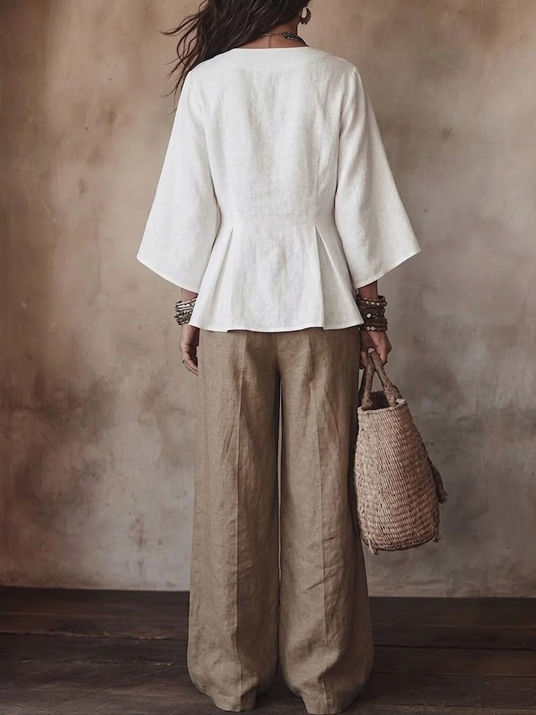 Women's Fitted Waist V-neck Top And Wide-leg Pants Cotton Linen Set