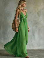 Women's Casual V-Neck Sleeveless A-Line Dress — Solid Color Chiffon Maxi Dress
