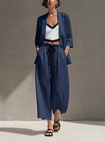 Women's Solid Color Casual Loose Cotton Linen Jacket V-neck Camisole Elastic Waist Drawstring Wide-leg Pants Cotton Linen Three-piece Set