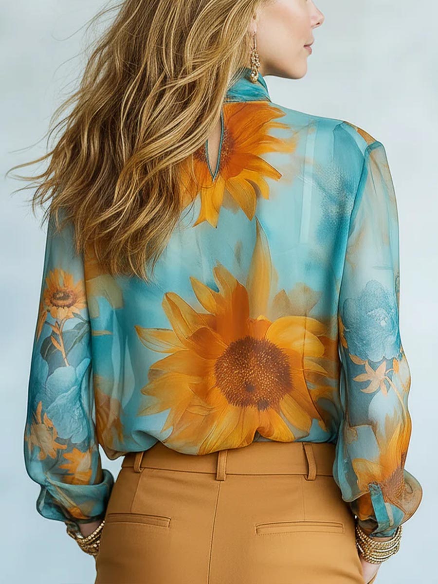 Women's Sunflower Print Stand-collar Long-sleeve Casual Loose Chiffon Two-piece Top