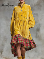 Women's Stand Collar Long Sleeve Plaid Print Casual Loose Corduroy Patchwork Dress