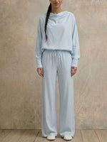 Draped Cowl Neck Loose Fit Long Sleeve Top & High Waist Drawstring Wide Leg Pants Vacation Home Wear 2 Piece Co-ord Set