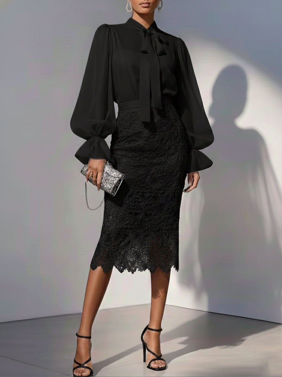 Elegant Chiffon Blouse And Lace Skirt Two-piece Set