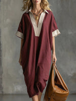 Women's Color-block V-neck Short-sleeved Casual Loose Cotton And Linen Dress