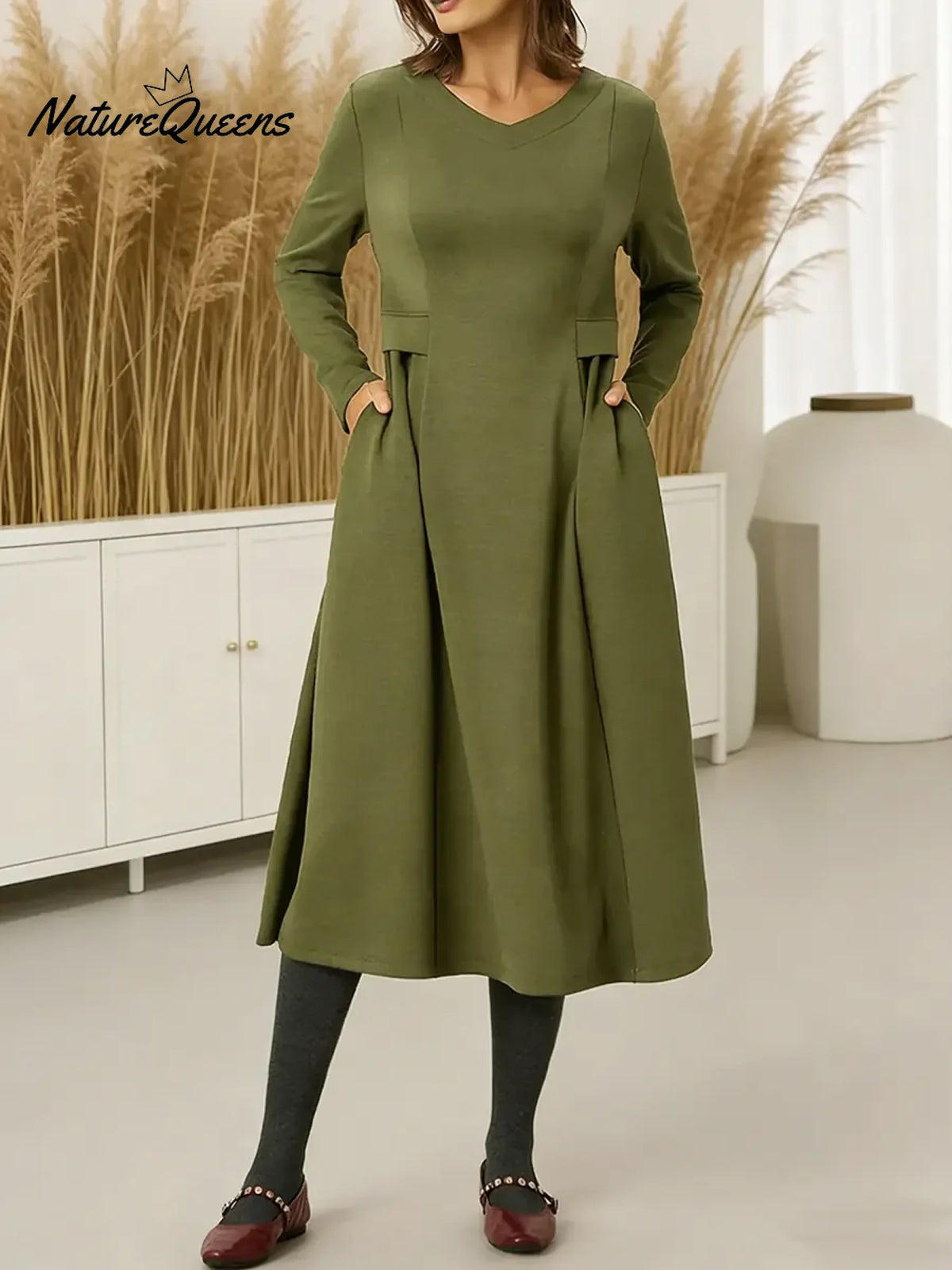 Women's Solid Color V-neck Long Sleeve Casual Loose Knit Dress