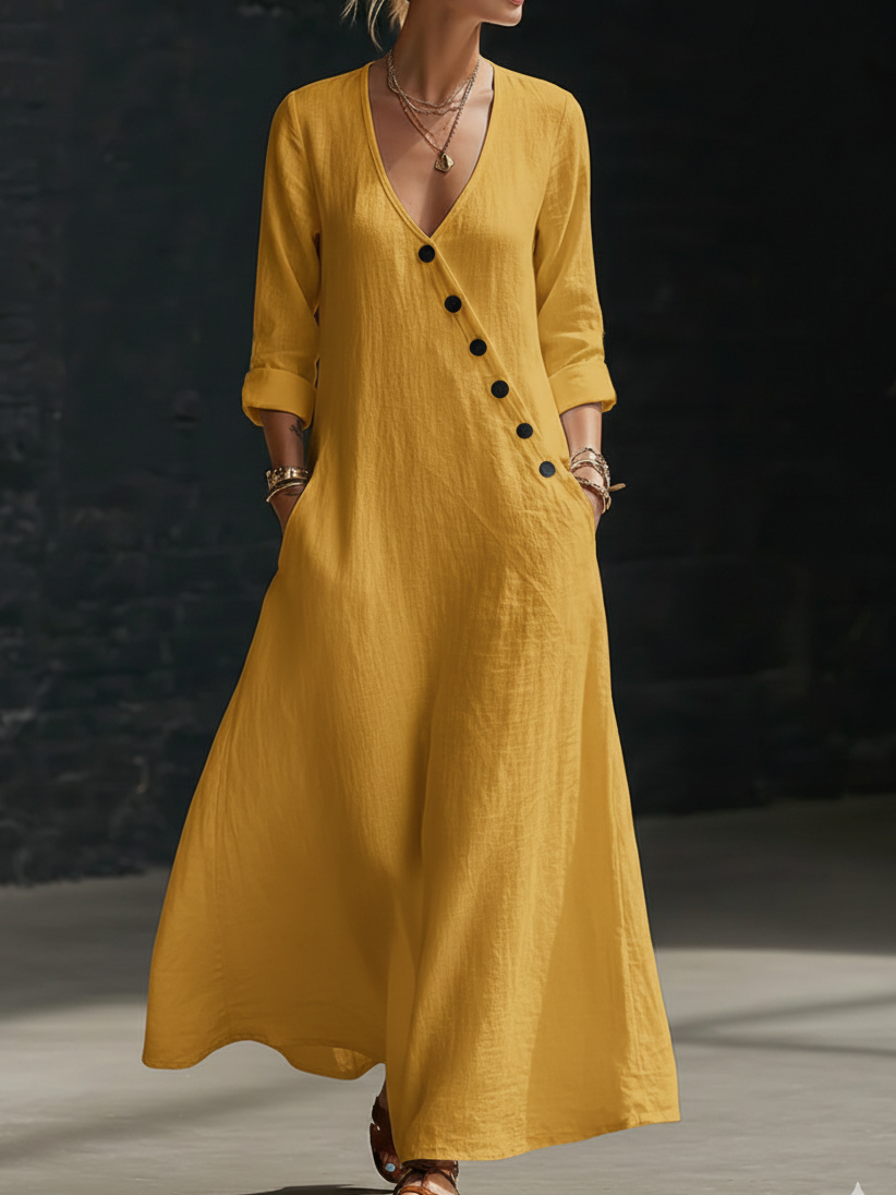 Minimalist Button-up V-neck Linen Dress
